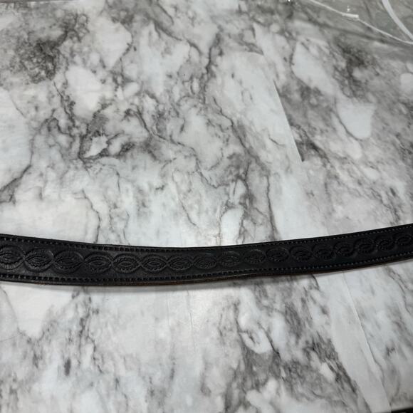 Western Tooled Black Leather Belt Strap Mens Size 44 Embossed Snap On No Buckle - Picture 9 of 14